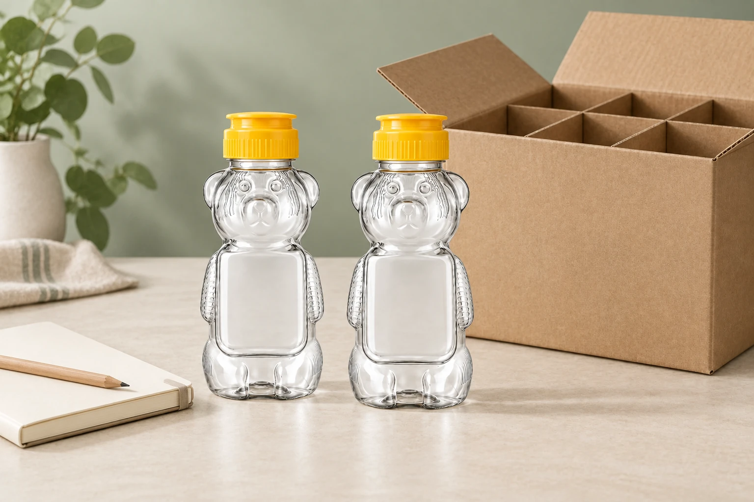 Honey bottle samples, matching caps and protective carton planning.